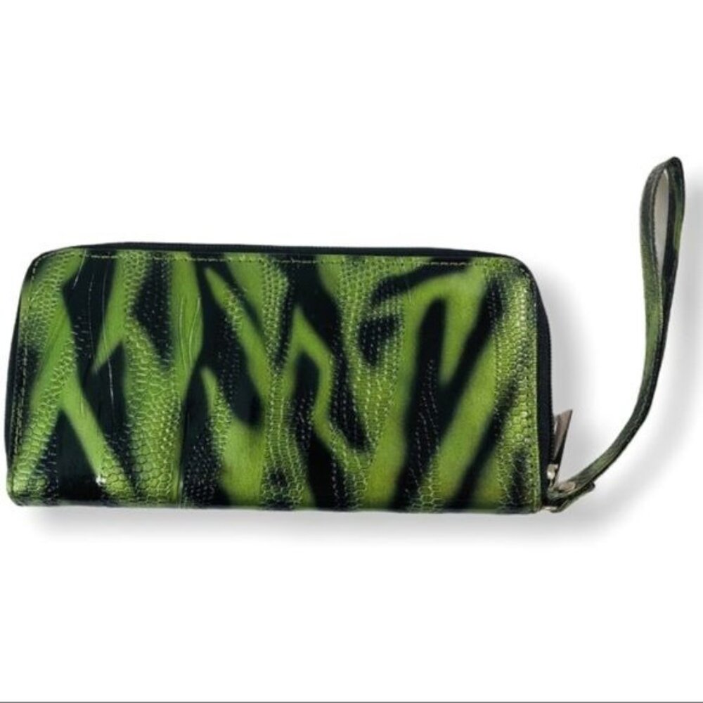 Green Snake Pattern Zipper Wallet Wrist Strap Faux Leather Clutch Bag
